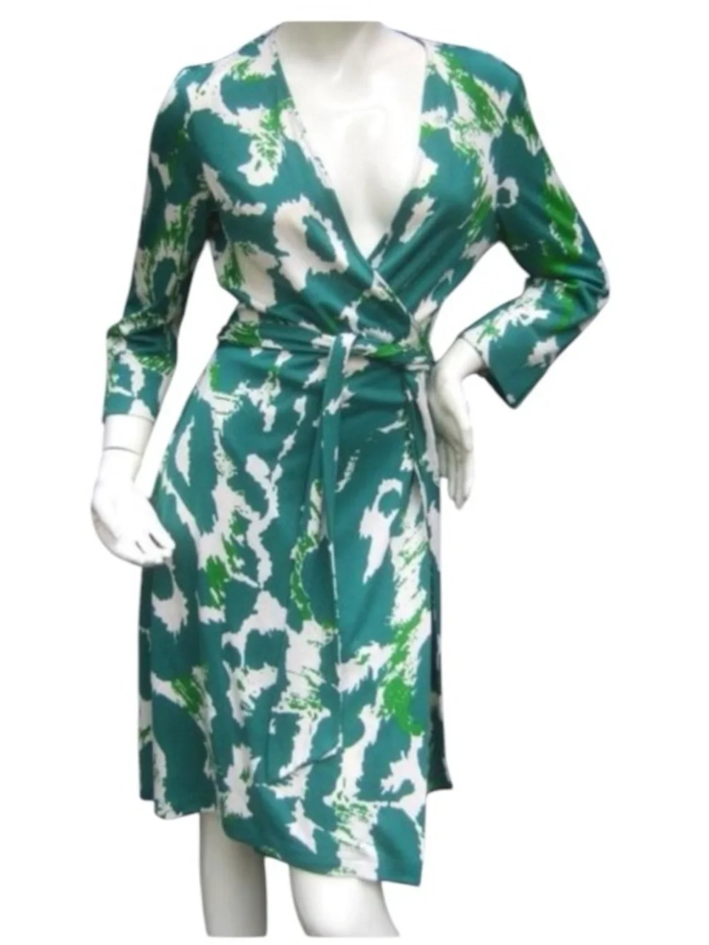 Diane Von Furstenberg DVF Julian Silk Jersey Wrap Dress Green White Print $628 - Picture 3 of 10